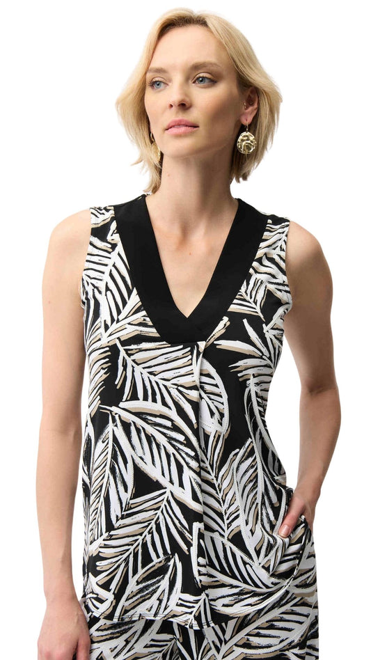 Silky Knit Tropical Print Sleeveless Trapeze Top. Style JR261151