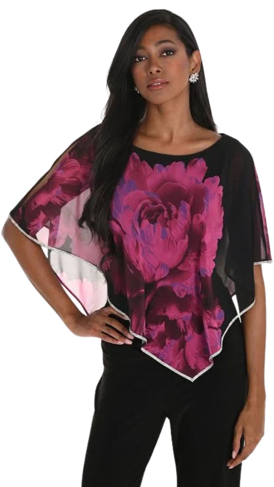 Floral Print Overlay Rhinestone Trim Top. Style FL259349