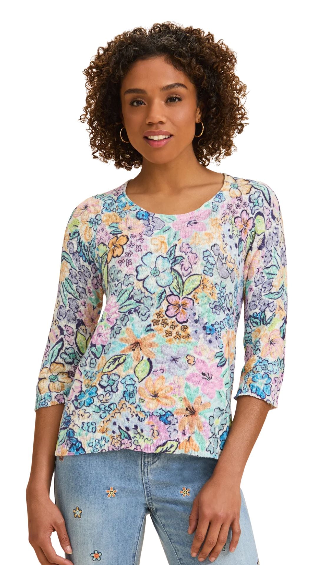 Floral Knitted 3/4 Sleeve Sweater. Style FD1476488