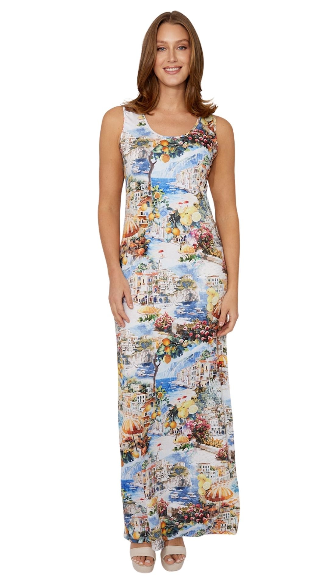 Greek Island Print Sleeveless Dress. Style FL266128