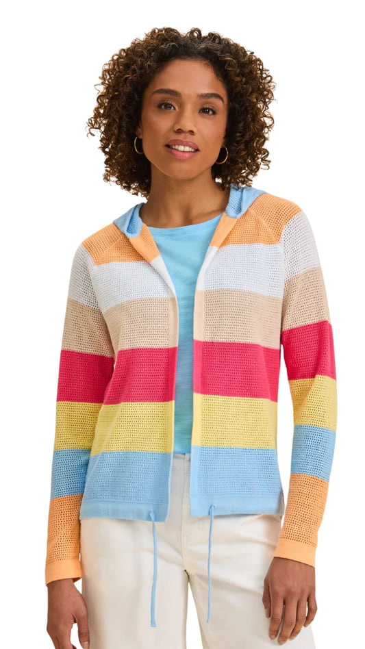 Pointelle Knit Striped Hooded Cardigan. Style FD1631314