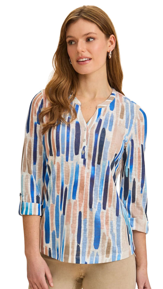 Abstract Print Henley Roll-up Sleeves Top. Style FD3926451