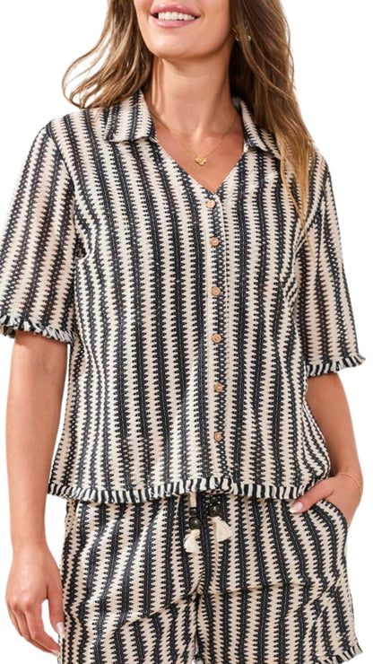Striped Short Sleeve Button Front Blouse. Style TR3004O-8369