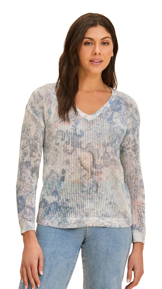 V-Neck Abstract Print Crochet Sweater. Style FD1214624