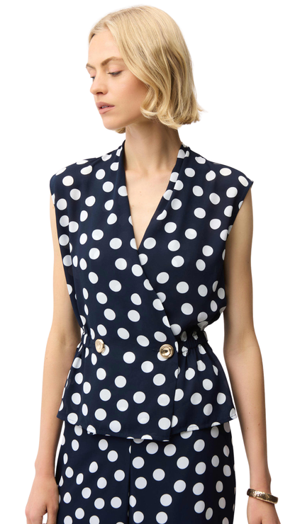 Dot Print Wrap Peplum Gold Buttons Top. Style JR261250