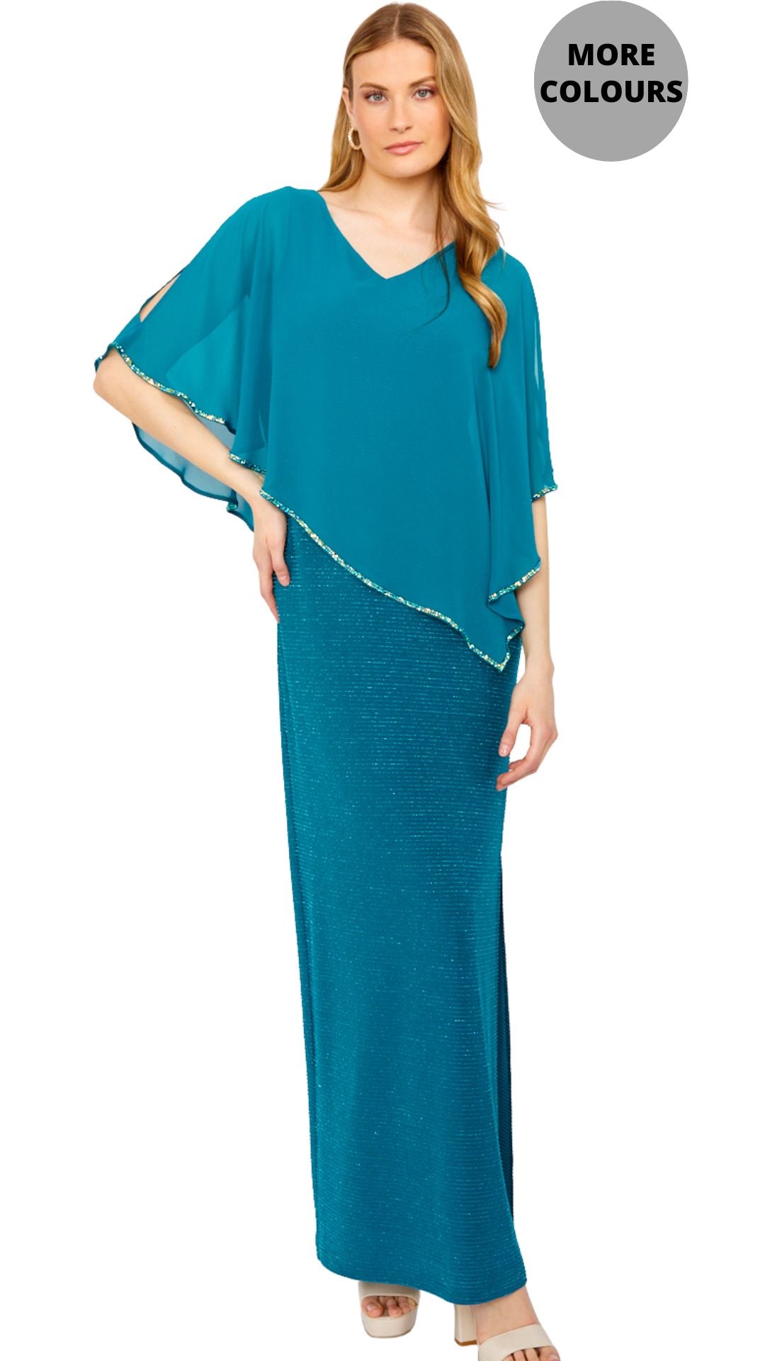 Chiffon Cape & Sparkle Stripe Gown. Style FL249301