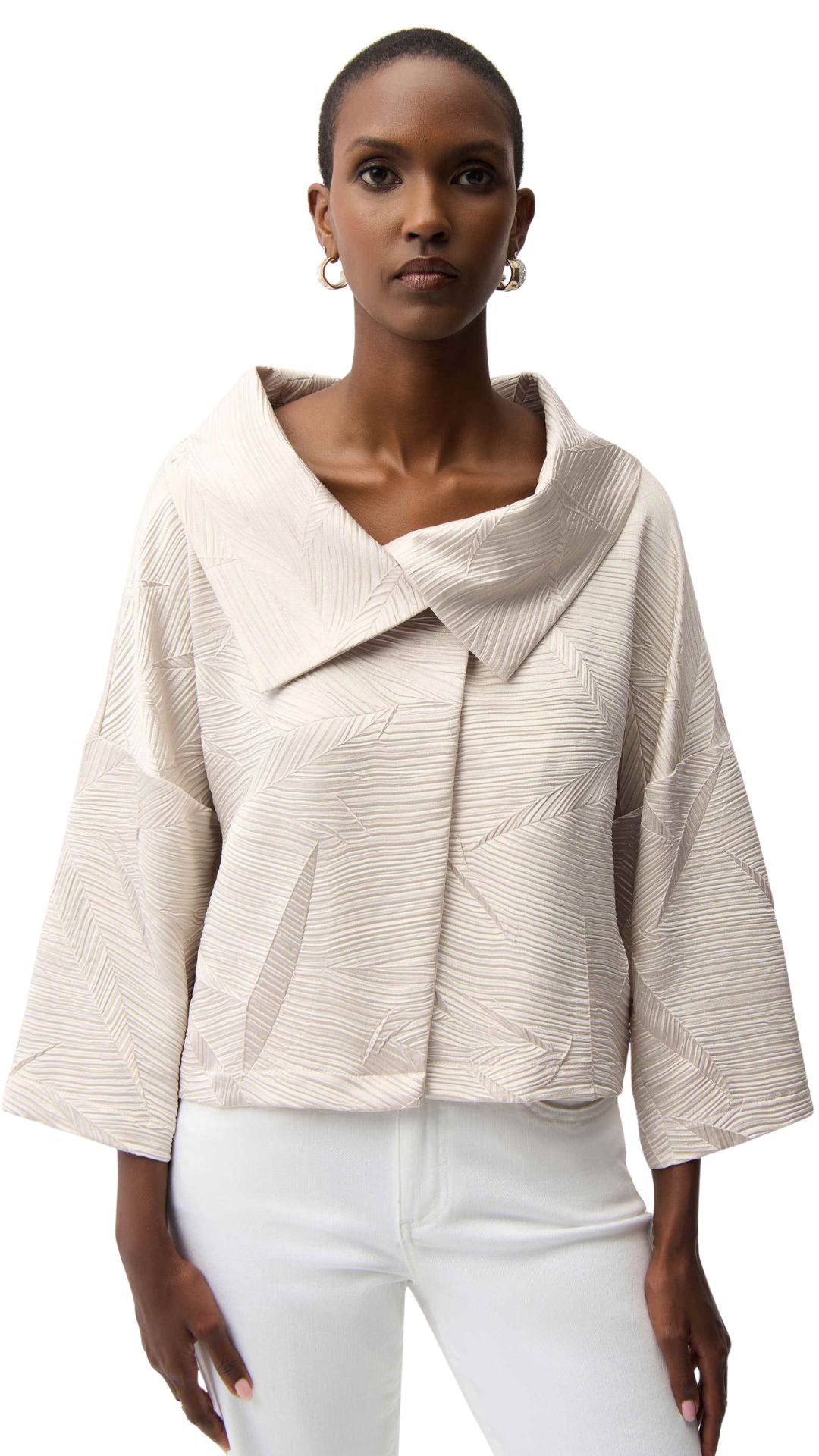 Pleated Satin Boxy Overlay Collar Jacket. Style JR261241