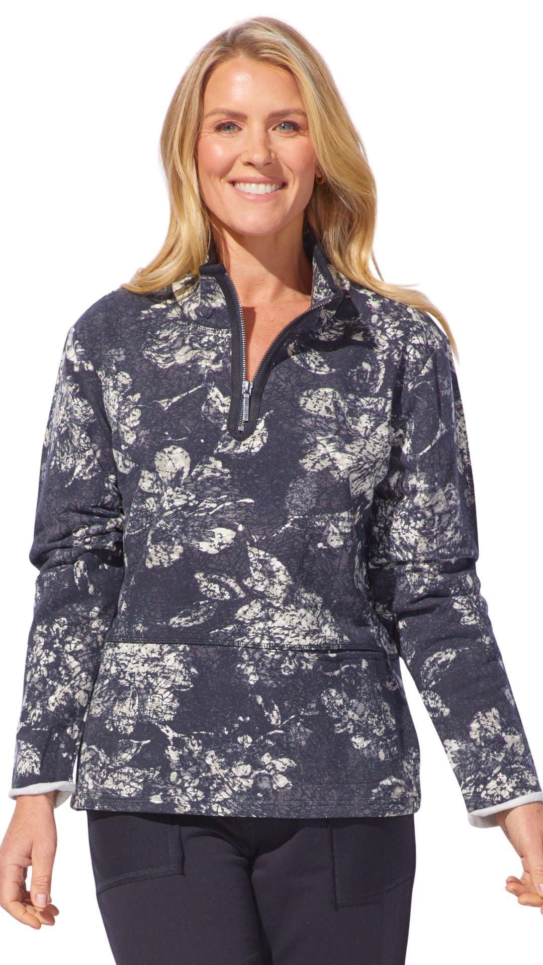 Quarter Zip Blue Tone Abstract Print Pullover. Style ESC14651