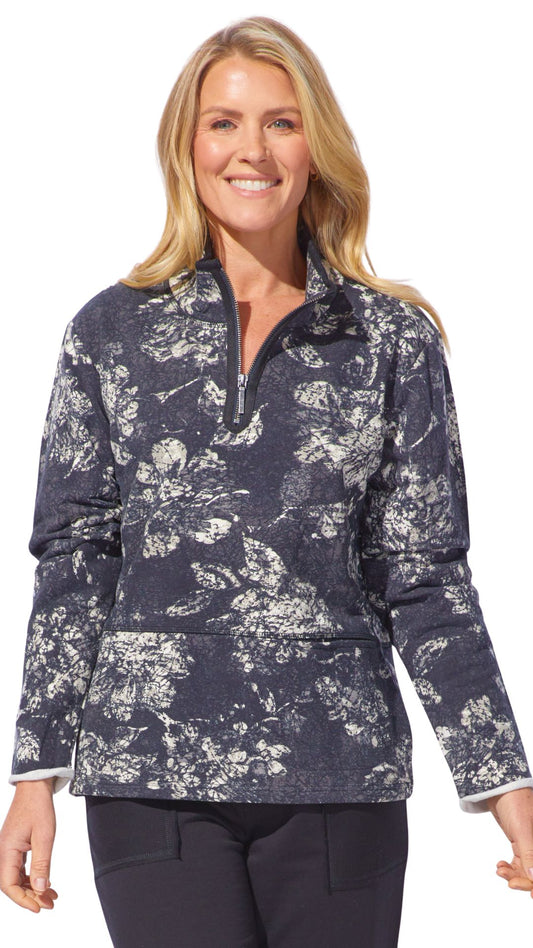 Quarter Zip Blue Tone Abstract Print Pullover. Style ESC14651
