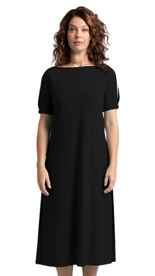 Boat Neck Slit Sleeve Midi Dress. Style SI28172-1BLK