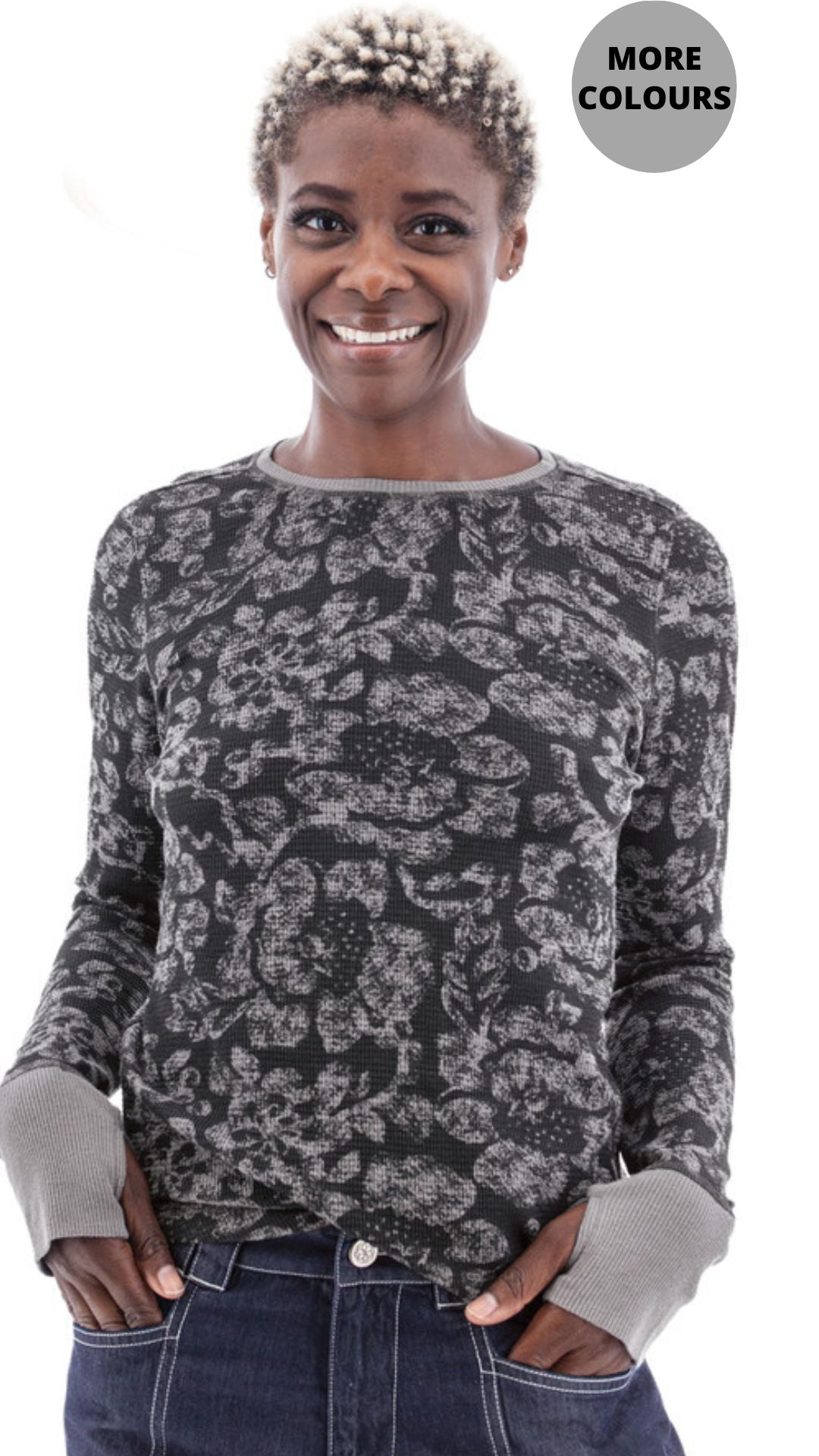 Waffle Knit Long Sleeve Floral Print Top. Style AVM21057AT