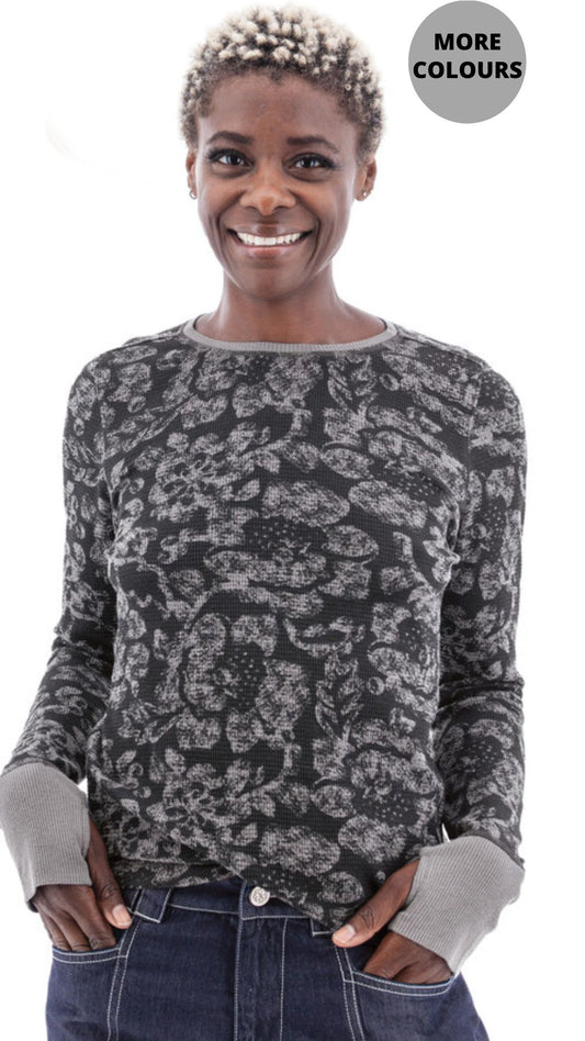 Waffle Knit Long Sleeve Floral Print Top. Style AVM21057AT