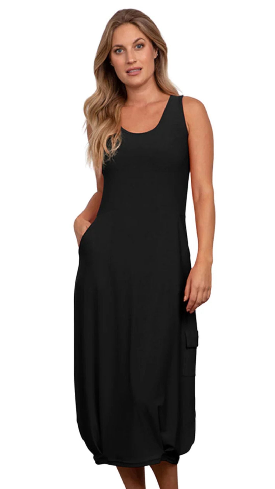 Pleat Hem Tank Midi Dress. Style SI28131BLK