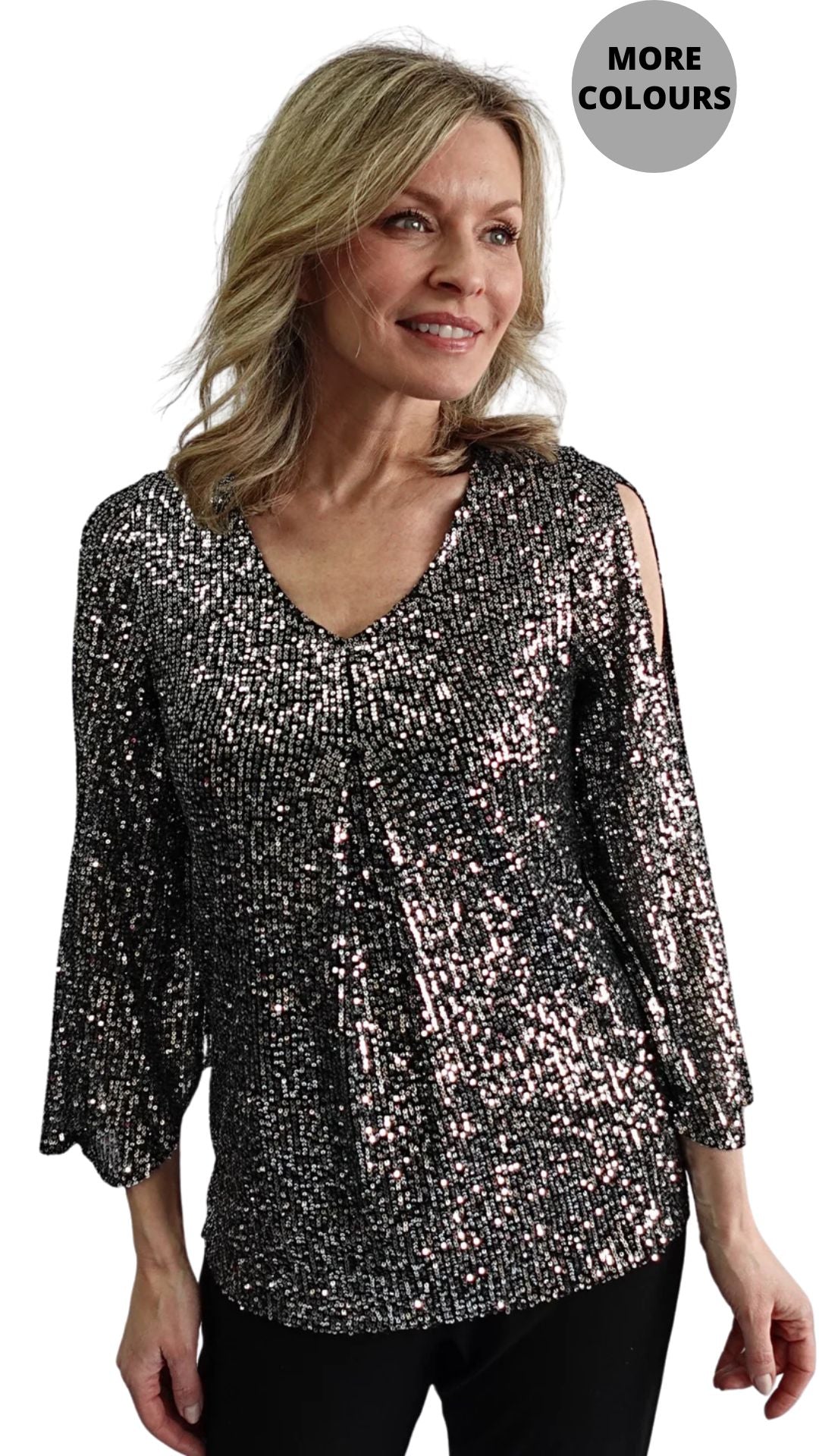 Sparkle Holiday Cold Shoulder Top. Style SW102235