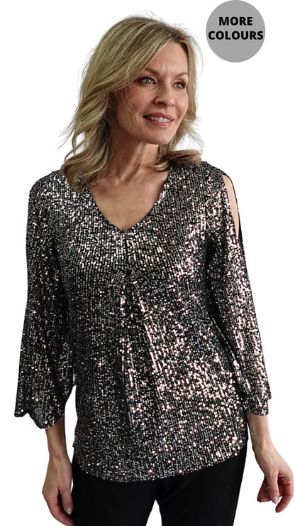 Sparkle Holiday Cold Shoulder Top. Style SW102235