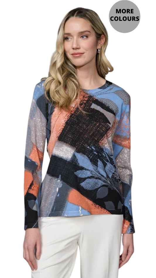 Multi Colour Abstract Print & Rhinestones Top. Style PYFK720QJ