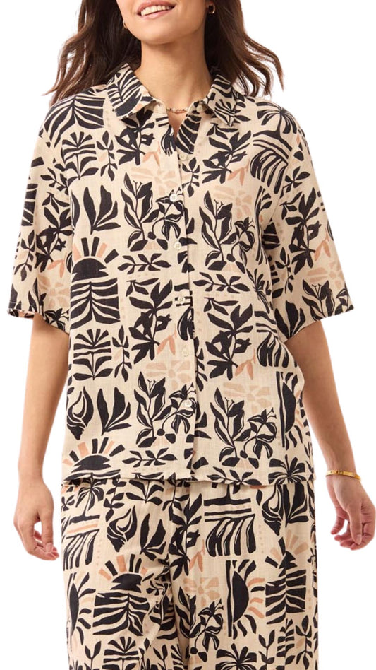 Linen Leaf Print Button Front Shirt. Style TR3027O-8392