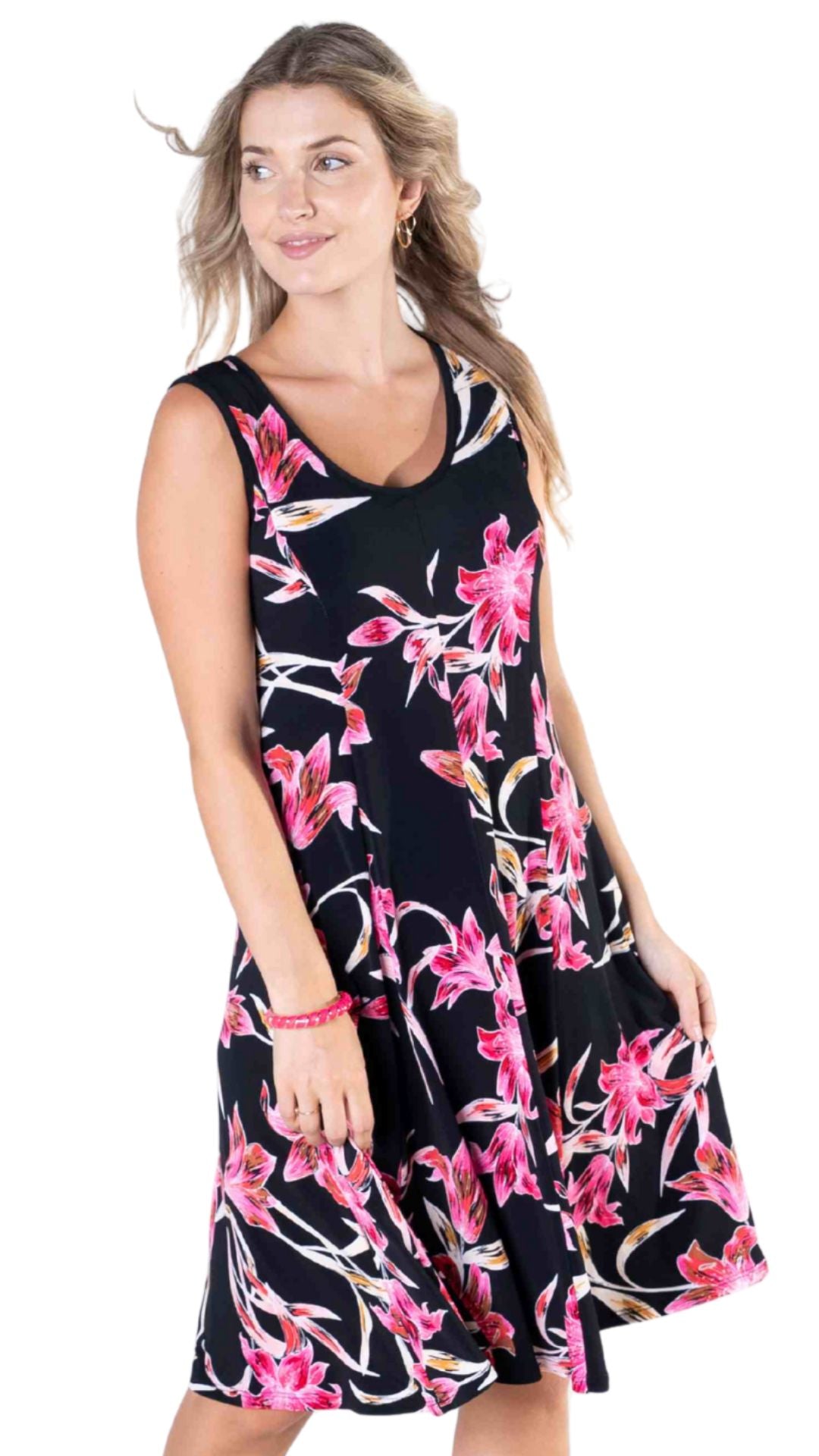Pink & Black Floral Print Sleeveless Dress. Style JDA6005-15