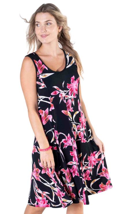 Pink & Black Floral Print Sleeveless Dress. Style JDA6005-15