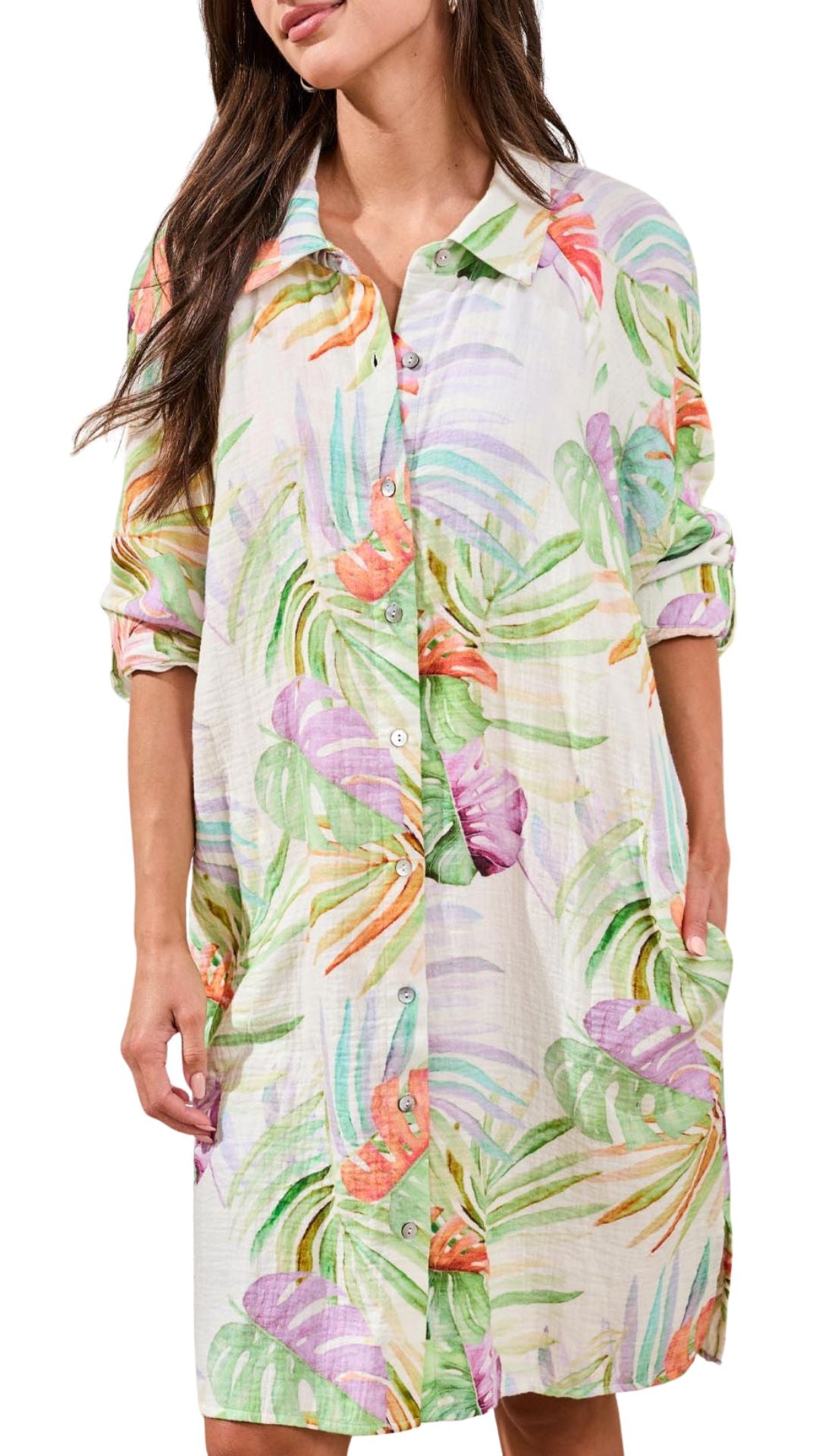 Tropical Print Button Front Shirt Dress. Style TR2421O-3525