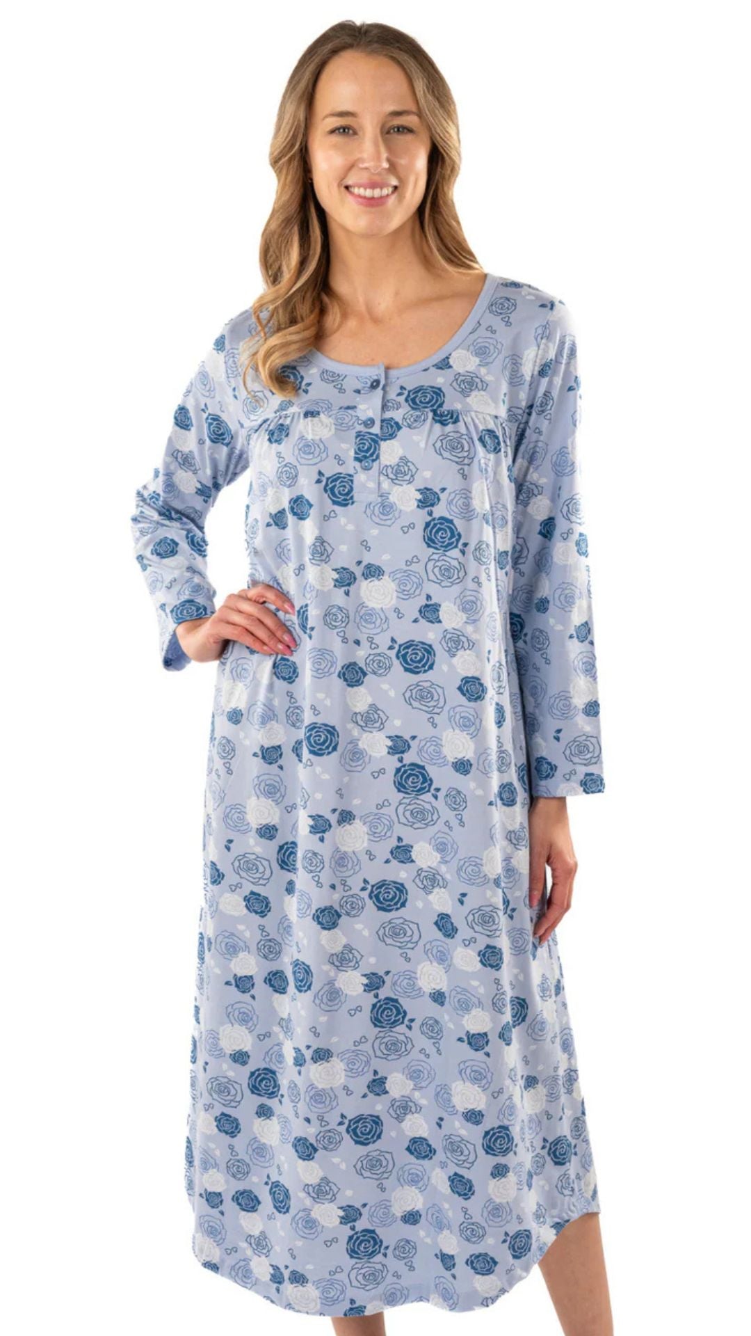 Rose Print Long Classic Nightgown. Style PL110BLU