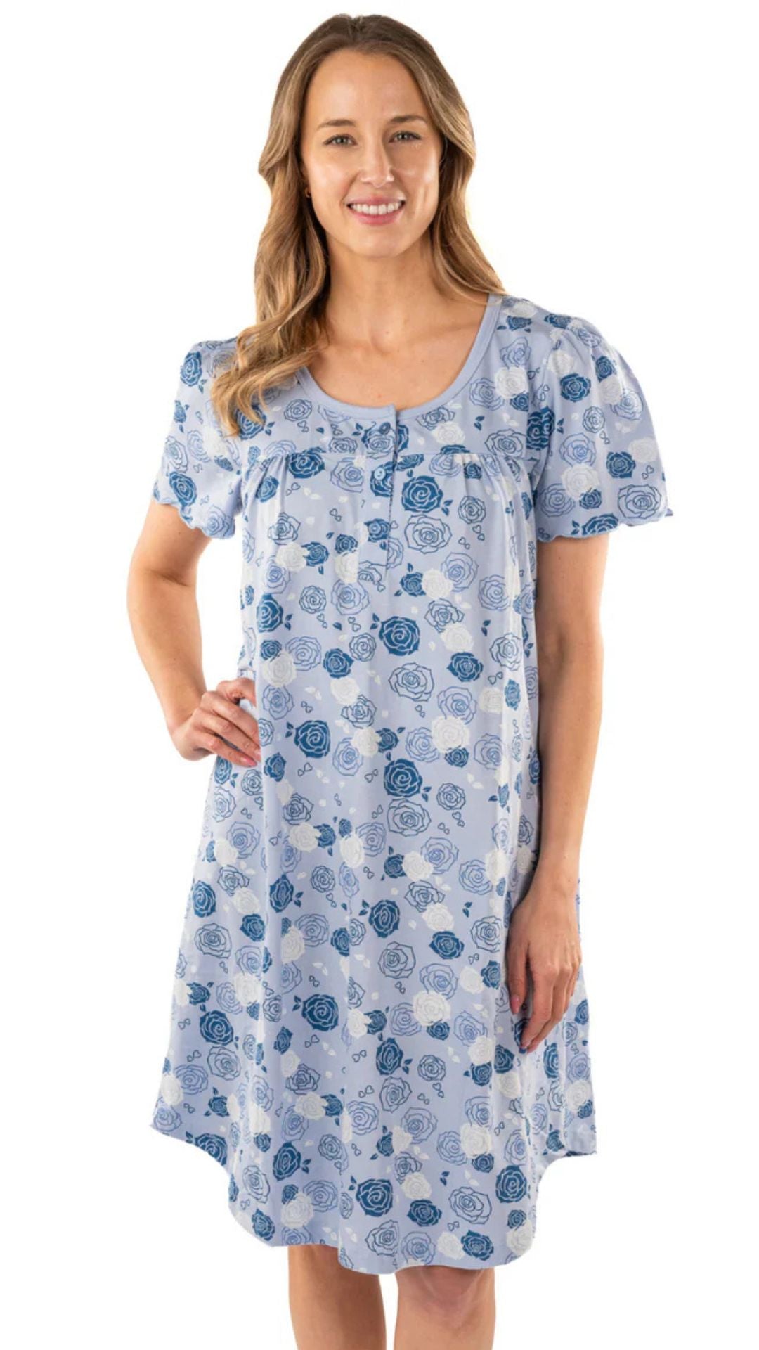 Rose Print Mid Length Nightgown. Style PL110-2BLU