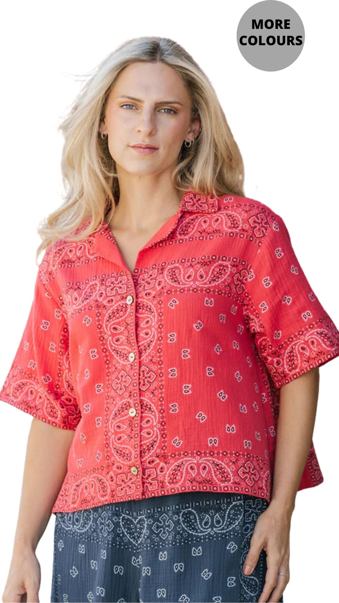 Cropped Length Button Front Bandana Print Top. Style SHNP5821