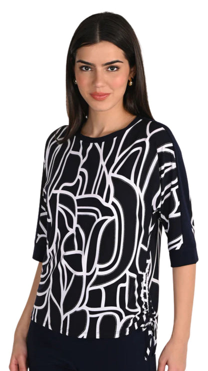 3/4 Raglan Ruched Abstract Print Top. Style FL266114