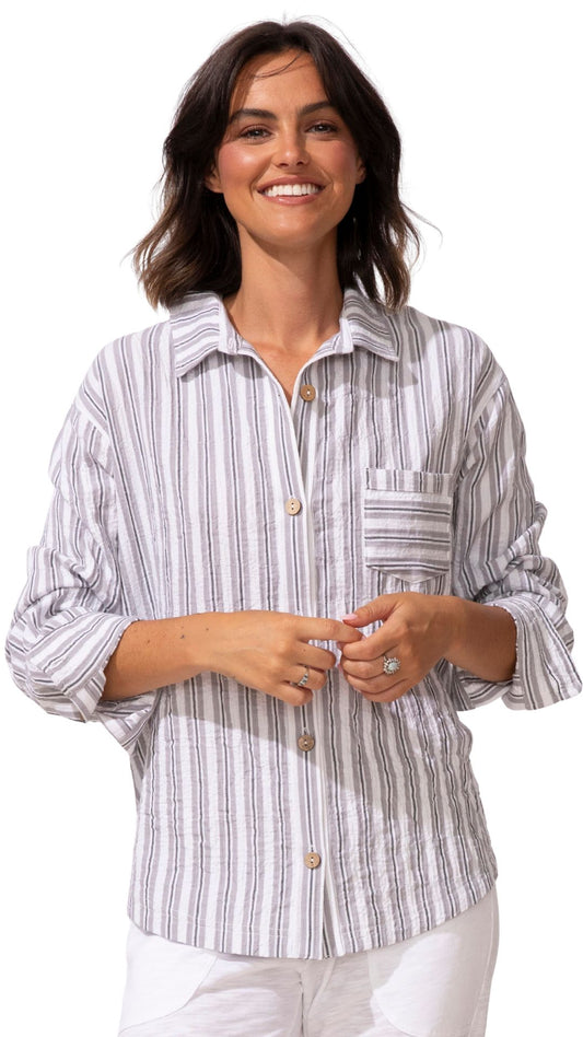 "Marina" Striped Wood Button Up Long Sleeve Top. Style ESC32352