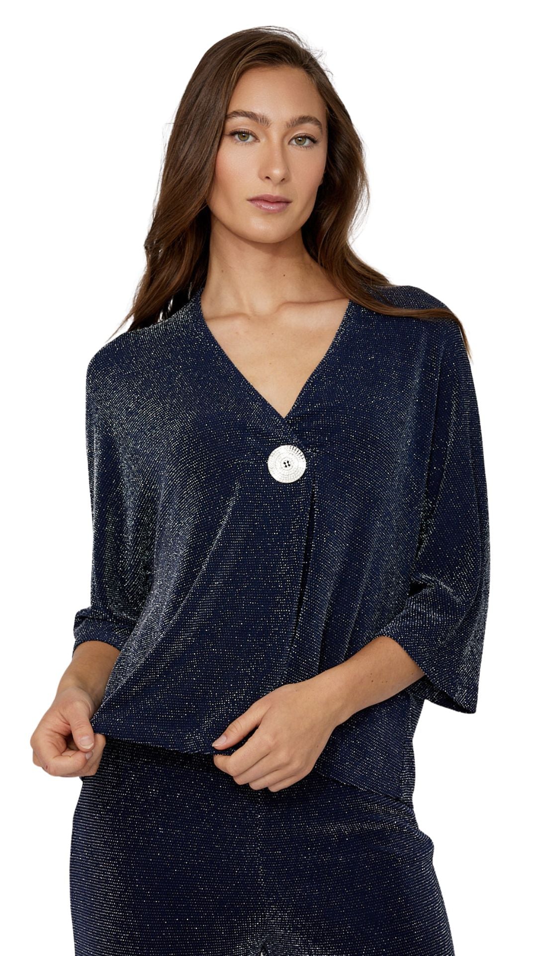 Glitter V-Neck 3/4 Sleeve Raglan Top. Style FL268226
