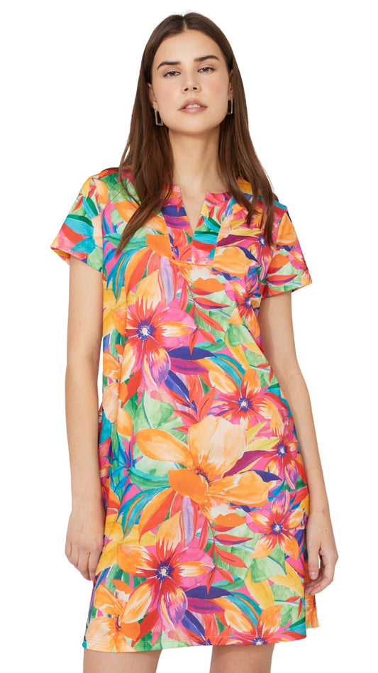 Notch Neck Tropical Floral Print Short Sleeve Dress. Style CK36005