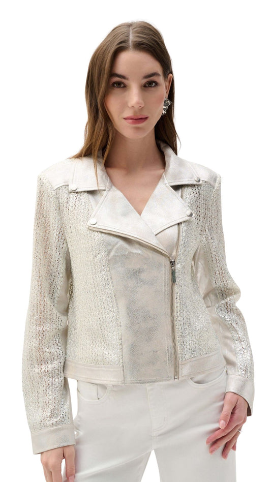 Faux Suede Foiled Knit Moto Jacket. Style JR262902