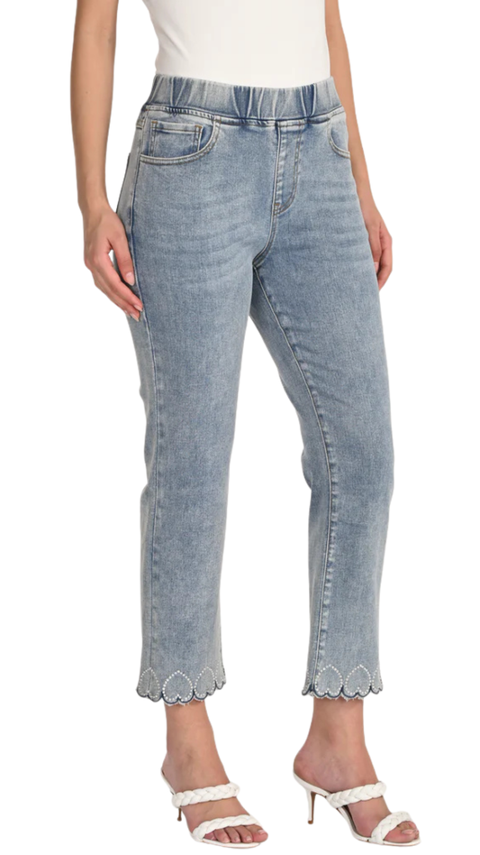 Pull-On Rhinestone Heart Scalloped Hem Cropped Jean. Style FL266558