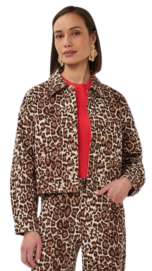Leopard Print Long Sleeve Button Up Cropped Jacket. Style ESQ12000