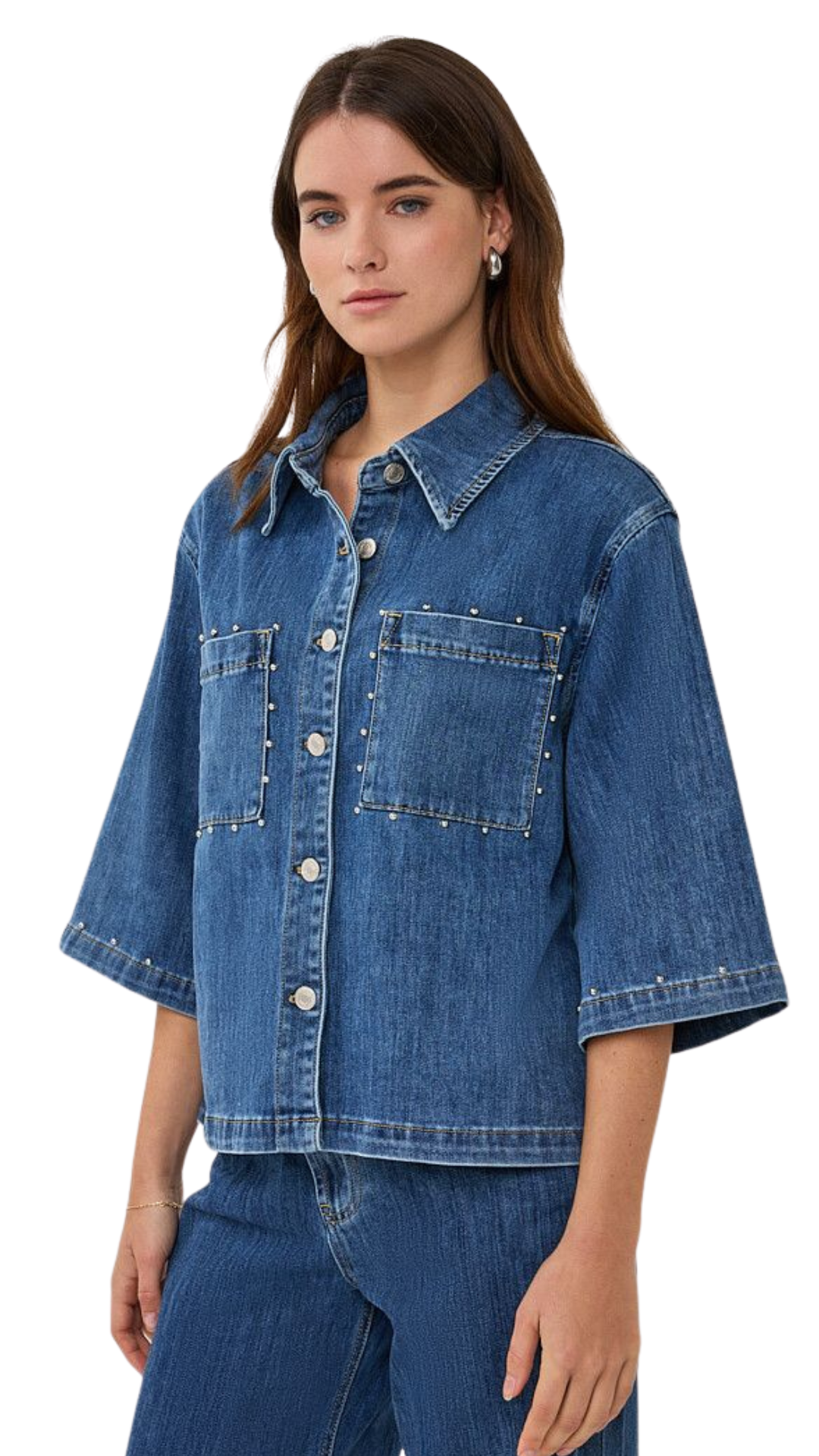 Studded Details Denim 1/2 Sleeve Button Up Jacket. Style ESQ12016