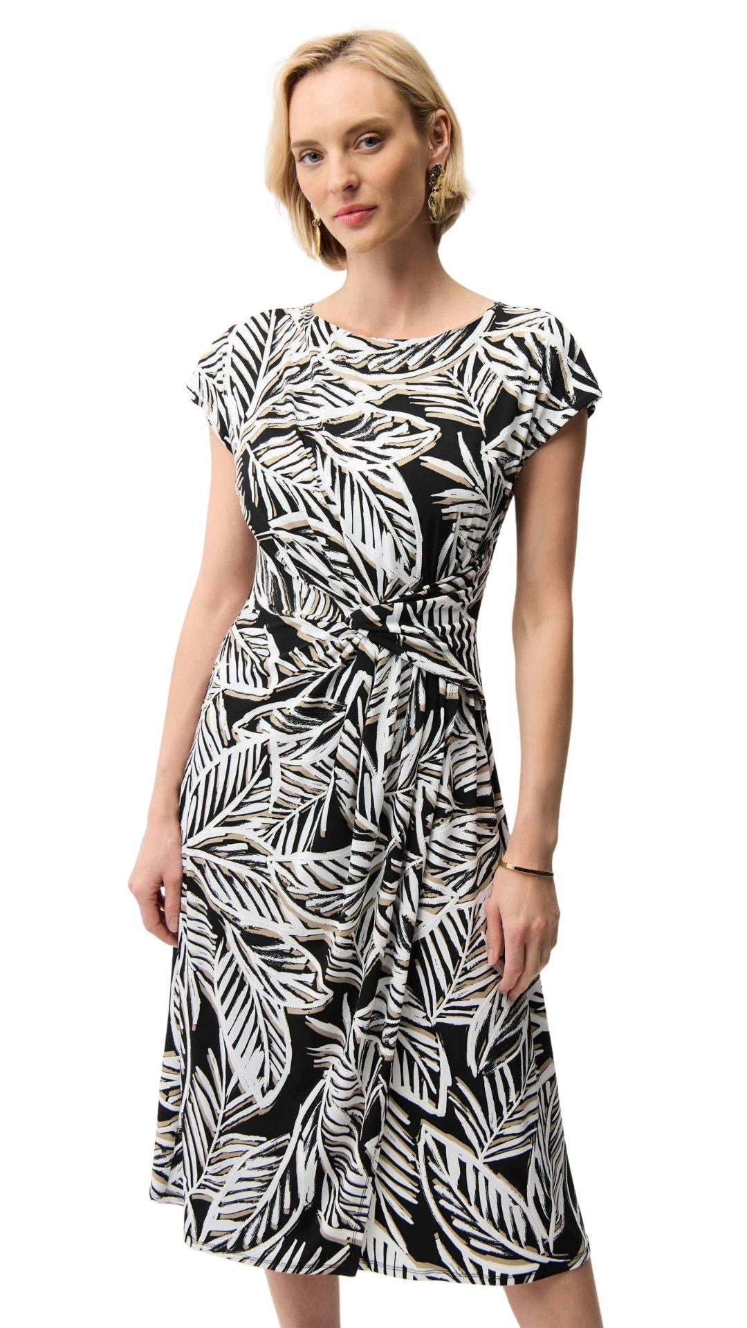 Silky Knit Tropical Print Fit and Flare Dress. Style JR261211