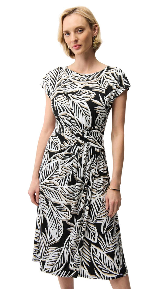 Silky Knit Tropical Print Fit and Flare Dress. Style JR261211