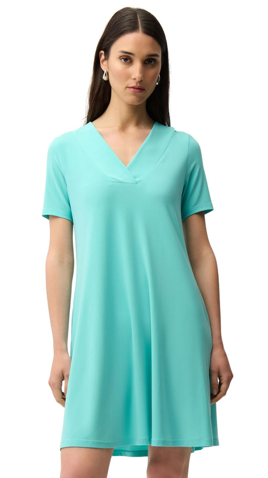 Silky Knit A-Line Overlapping V-Neckline Dress. Style JR261210