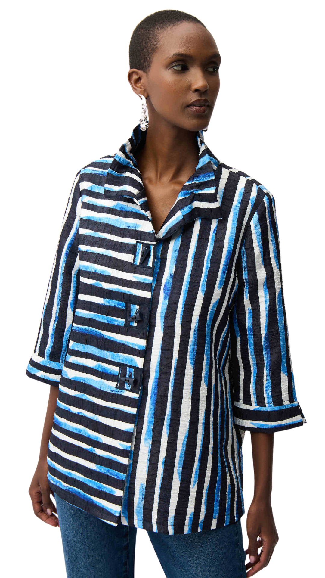 Shirred Collar Jacquard Stripe Print Trapeze Jacket. Style JR261267