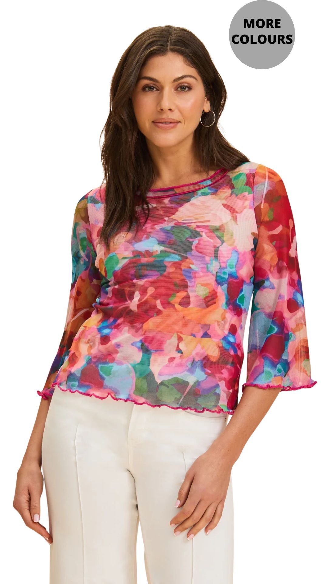 Mesh Bell Sleeve Abstract Print Top. Style FD3980603