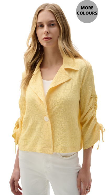 Woven Seersucker Boxy Shirred Sleeve Blazer. Style JR262143