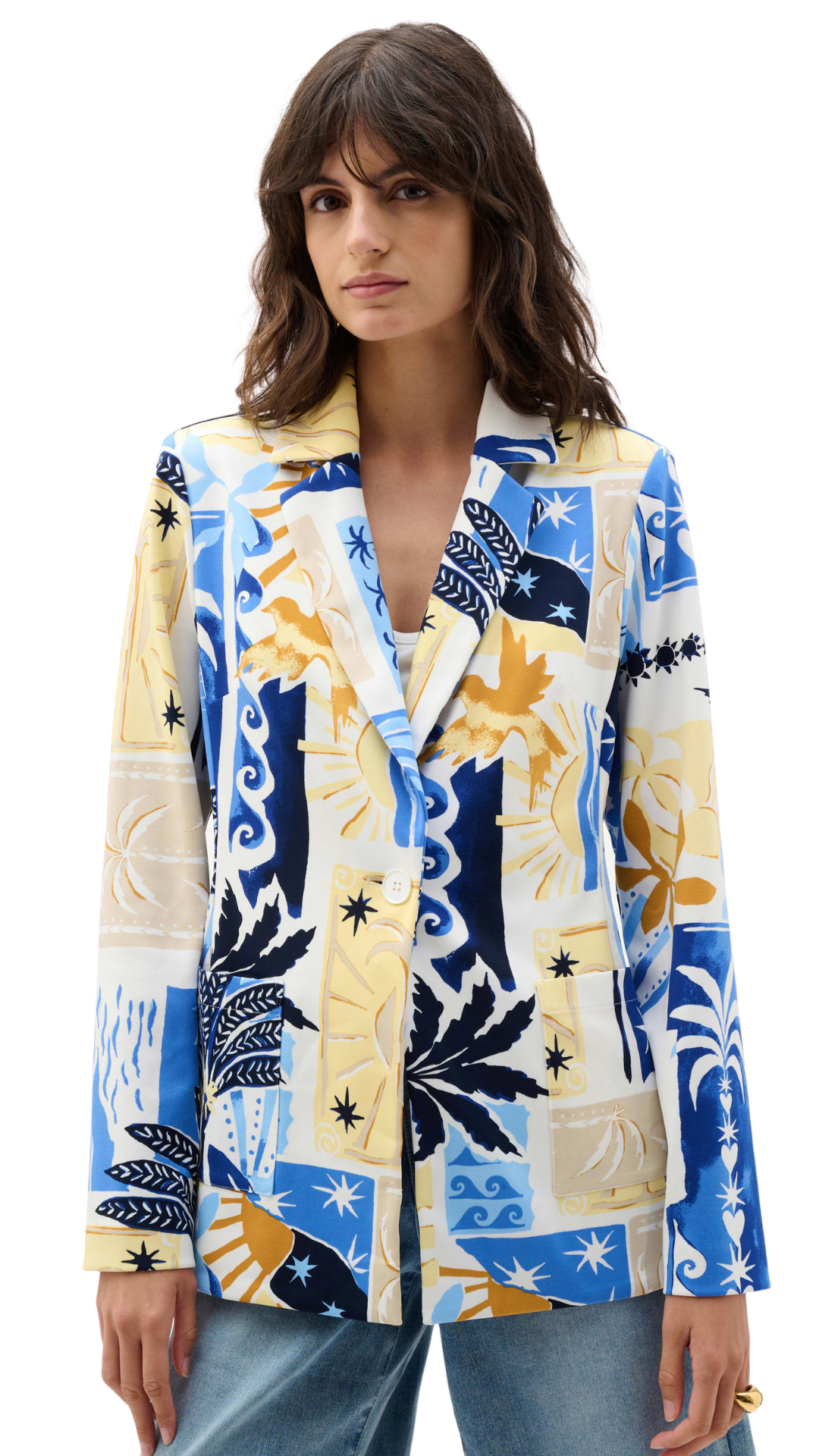 Silky Knit Tropical Print Fitted Blazer. Style JR262232