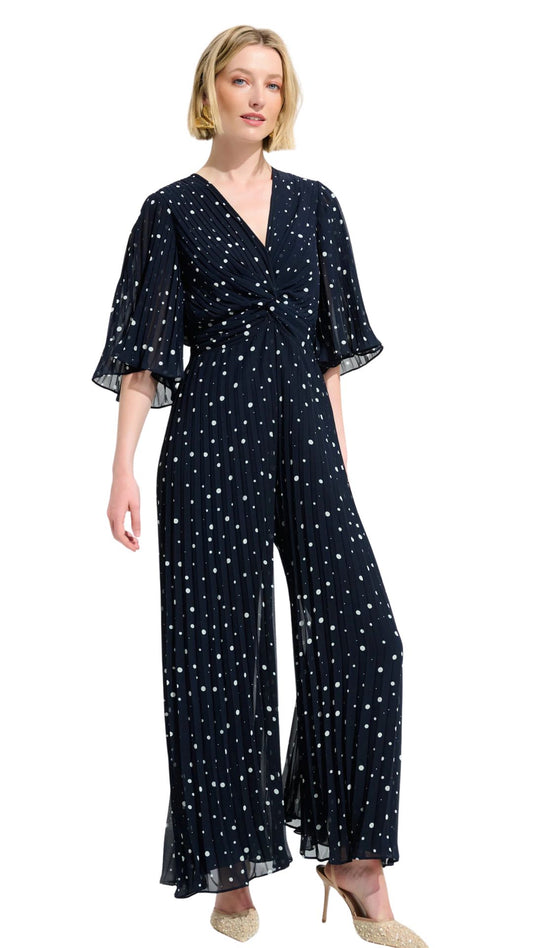 Pleated Chiffon Wide Leg Dot Print Jumpsuit. Style JR261756