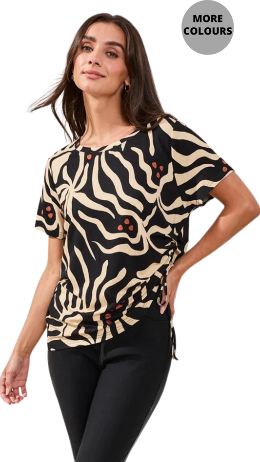 Abstract Print Side Tie & Ruching Short Sleeve Top. Style TR2498O-3457