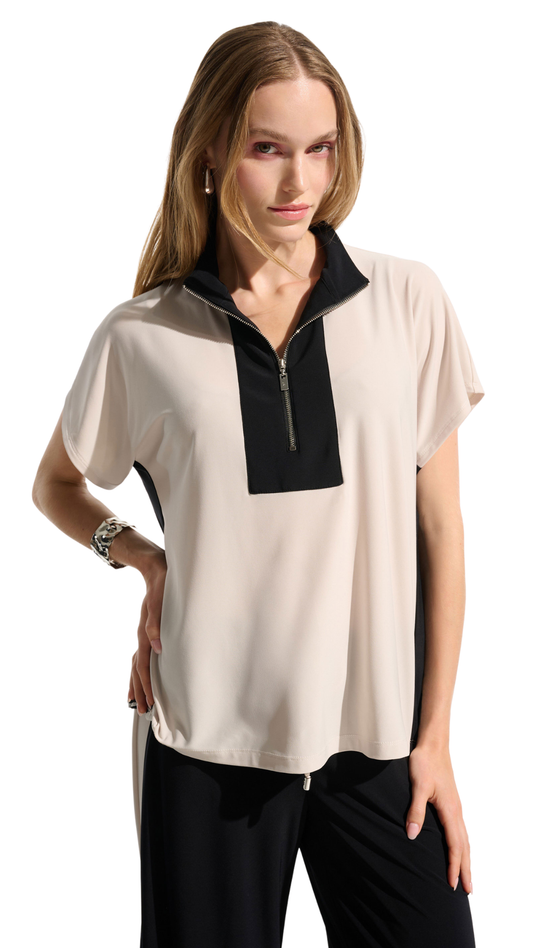 Silky Knit Color Block Zipped Collar Top. Style JR261611