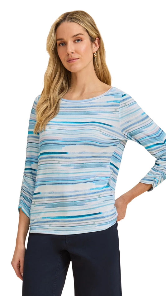 Striped Boat Neck 3/4 Ruched Sleeve Top. Style FD3481756