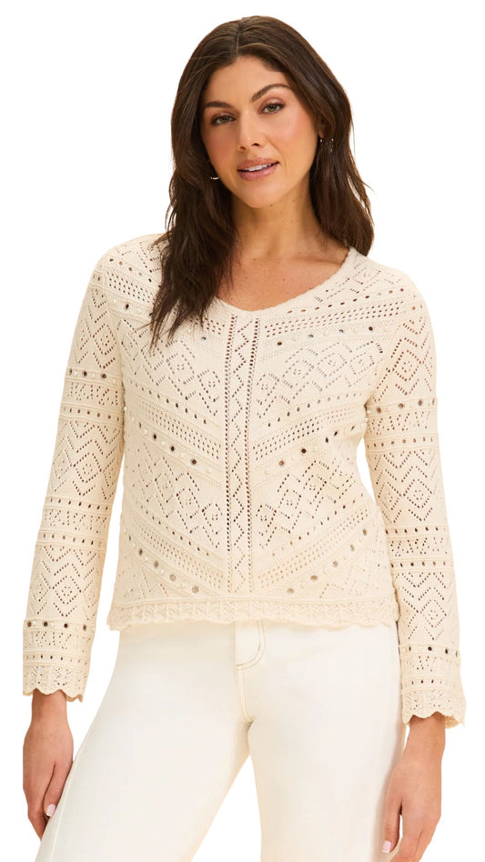 Pointelle Knit Metal Eyelet & Pearl Embellishments Sweater. Style FD1508314