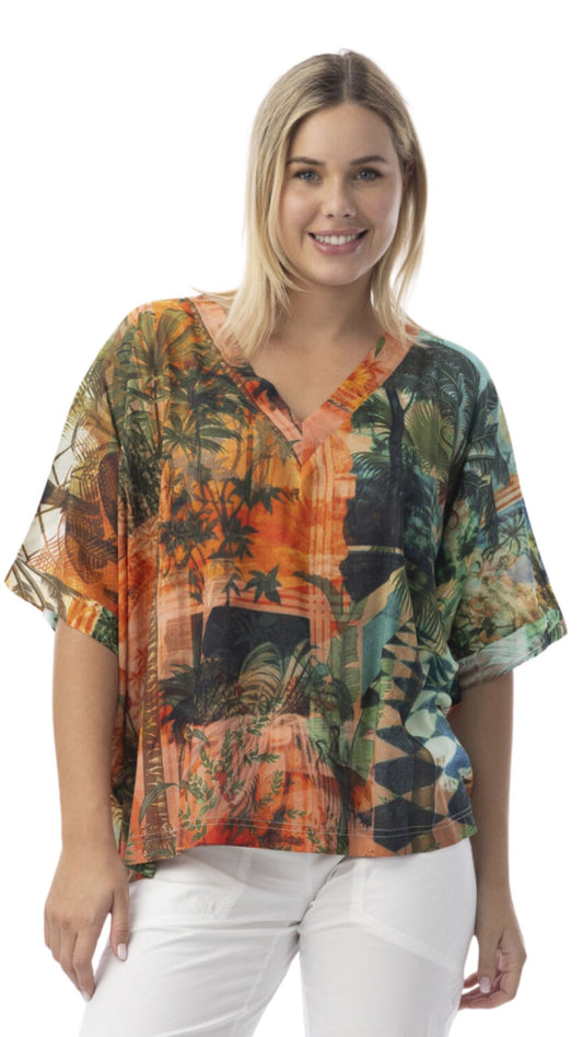 Tropical Print Boxy V-Neck Raglan Sleeve Top. Style ORI72567