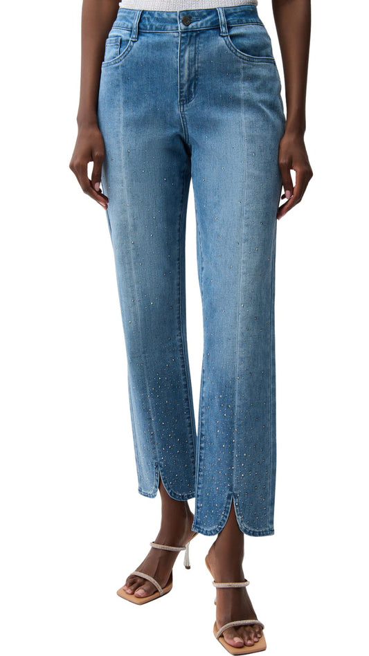 High-Waisted Rhinestone Bottom Hem Slit Jeans. Style JR261954