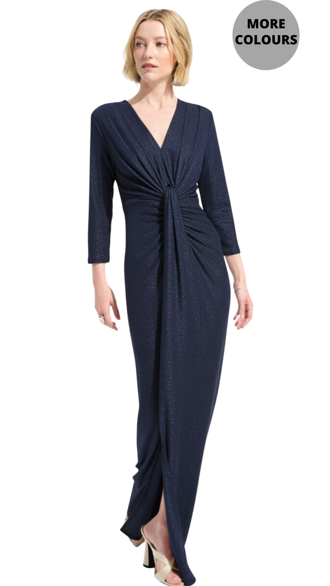 Sparkle Knit Sheath Draped Front Maxi Gown. Style JR261743